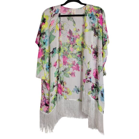 OP Ocean Pacific Swim Suit Cover Up Kimono Floral Sheer with Fringe Womens Small - Picture 1 of 4